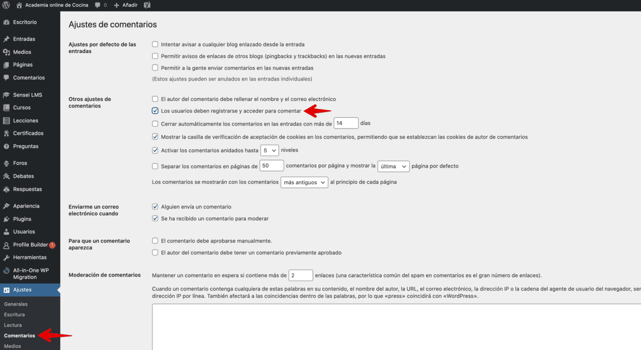 Ajustes de comentarios Academia online WordPress