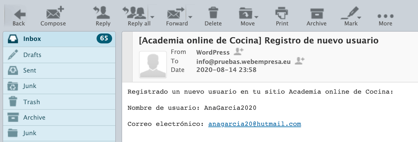 Ejemplo de email enviado a un nuevo alumno/a tras registrarse