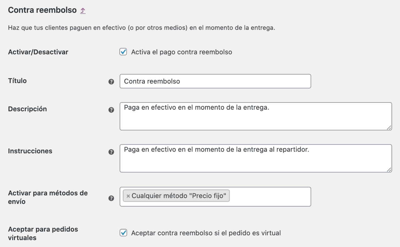 Configuración Contrareembolso