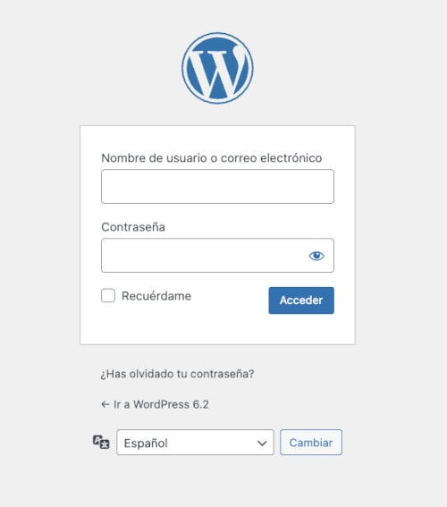 Formulario de acceso al dashboard de WordPress